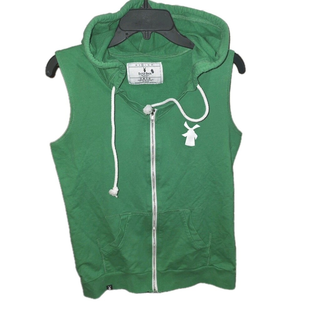 DUTCH BROTHERS Sz M Kelly Green Full Zip  Hoodie Logo Pockets Mafia Sweater Vest
